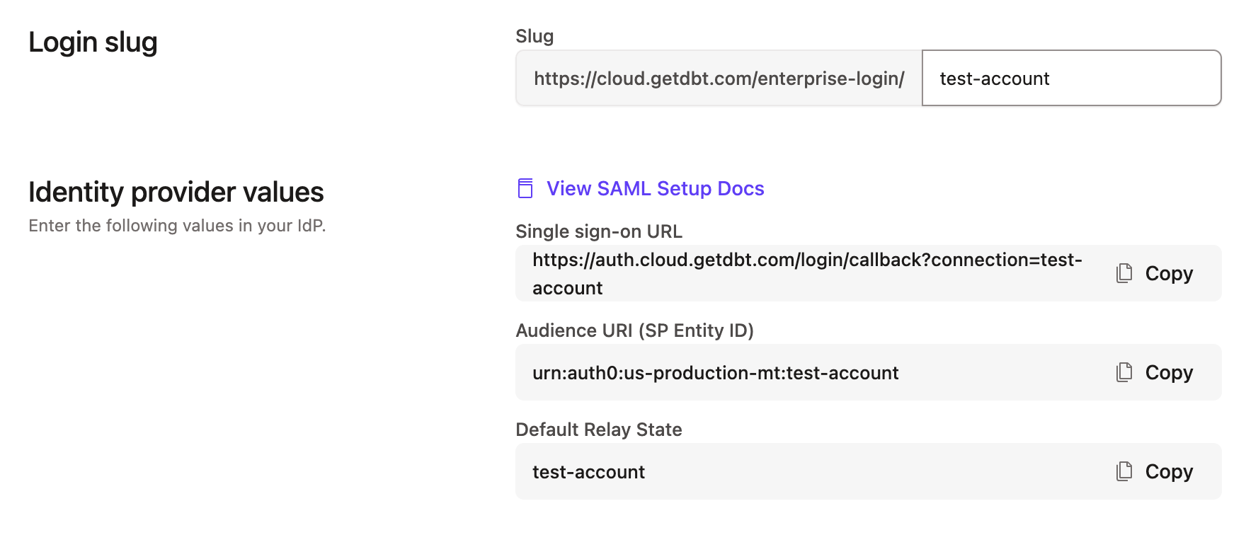Example of the identity provider values for a SAML 2.0 provider Example of the identity provider values for a SAML 2.0 provider
