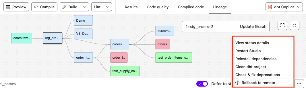 Access the IDE options menu to switch to dark or light mode, restart the IDE, rollback to remote, or view the IDE status