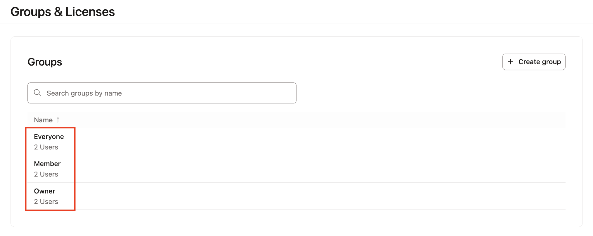 Groups & Licenses page in dbt with the default groups highlighted. Groups & Licenses page in dbt with the default groups highlighted.